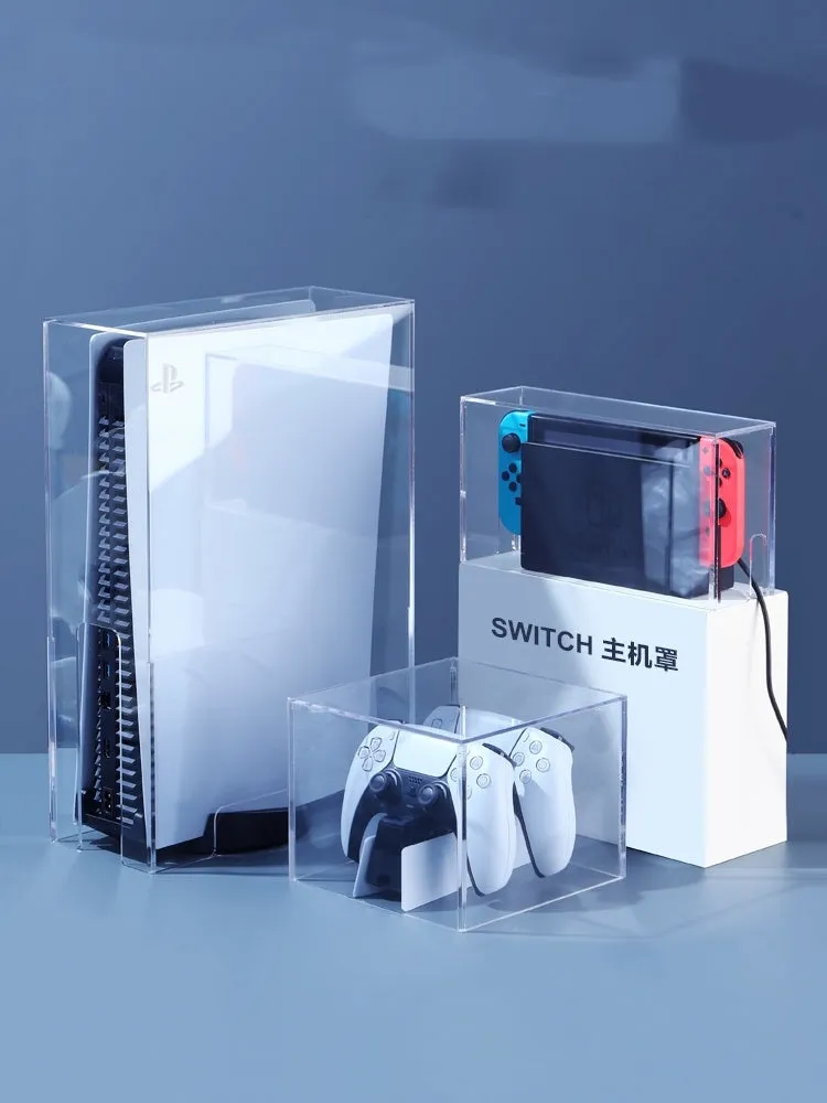 Acrylic transparent dust cover for PS4 Slim with handle storage box, clear finish, vertical and horizontal styles