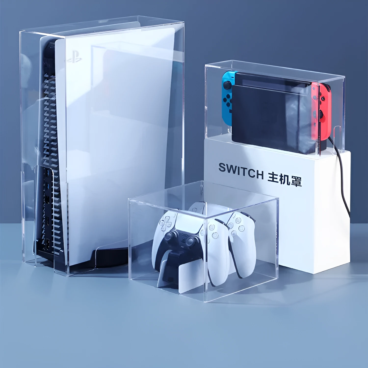 Acrylic transparent dust cover for PS4 Slim with handle storage box, clear finish, vertical and horizontal styles