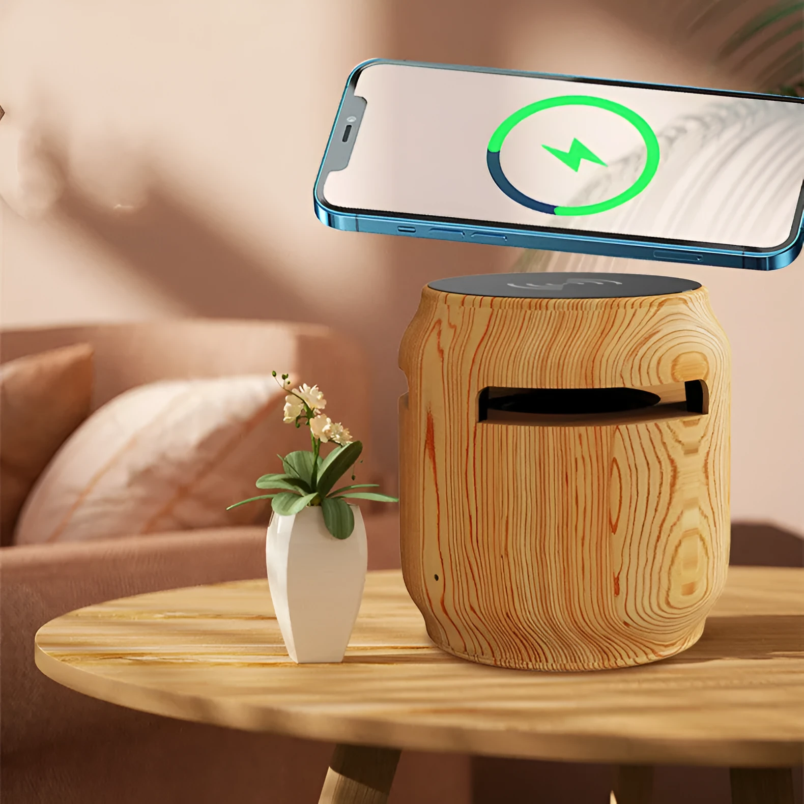 Wood grain wireless Bluetooth speaker with built-in wireless charger on a desk, 80x75x75mm plastic cabinet