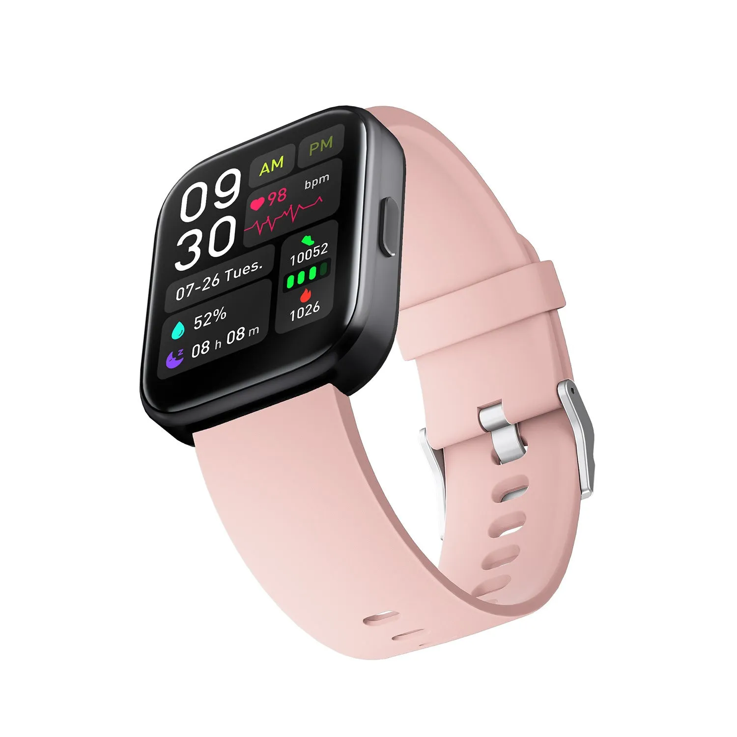 Smartwatch with 1.7-inch glass screen showing heart rate detection, available in Black, Blue, Light Grey, Pink