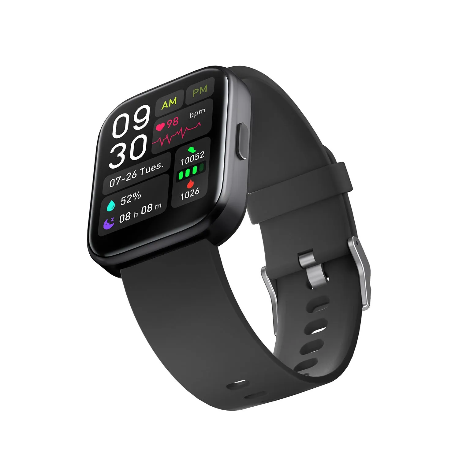 Smartwatch with 1.7-inch glass screen showing heart rate detection, available in Black, Blue, Light Grey, Pink