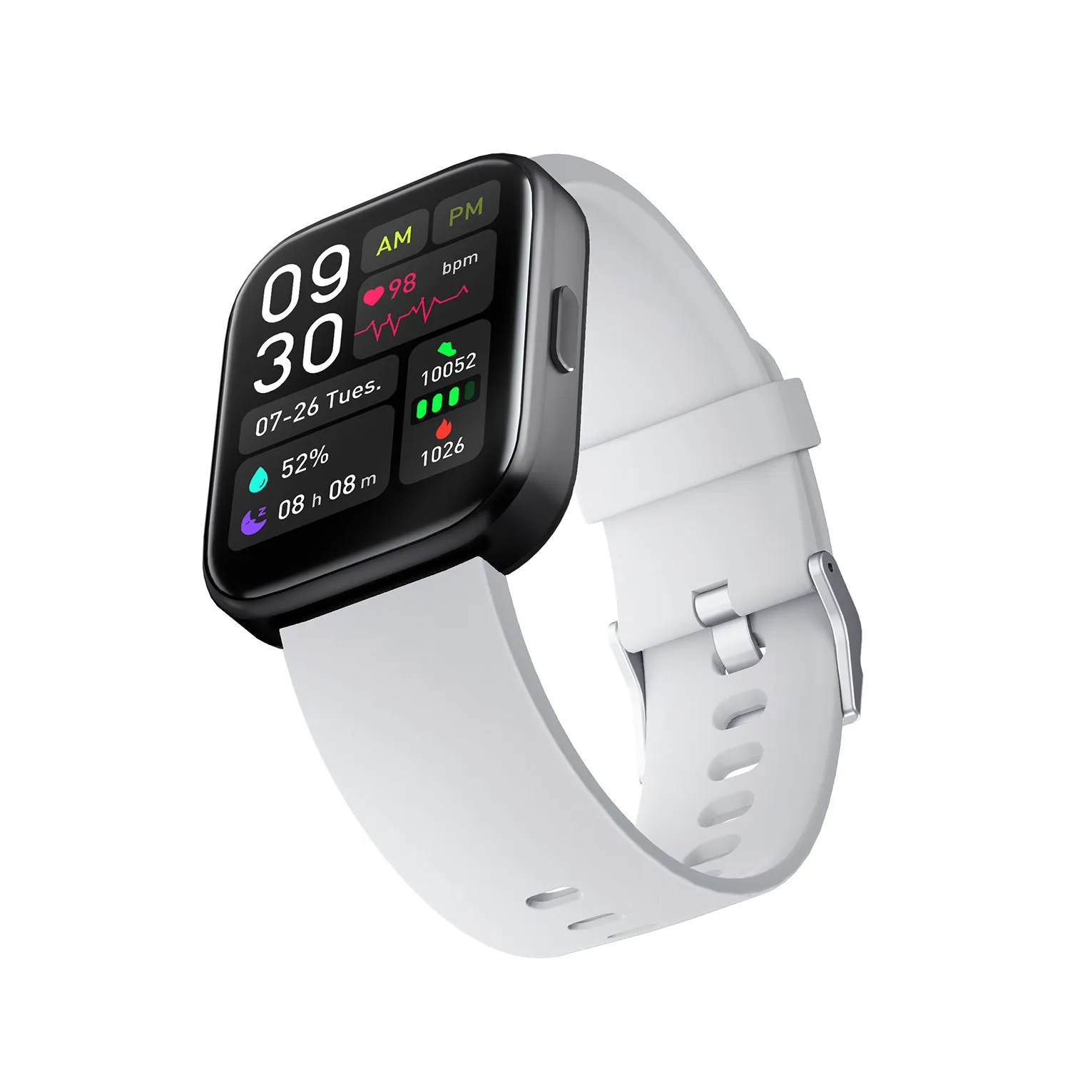 Smartwatch with 1.7-inch glass screen showing heart rate detection, available in Black, Blue, Light Grey, Pink