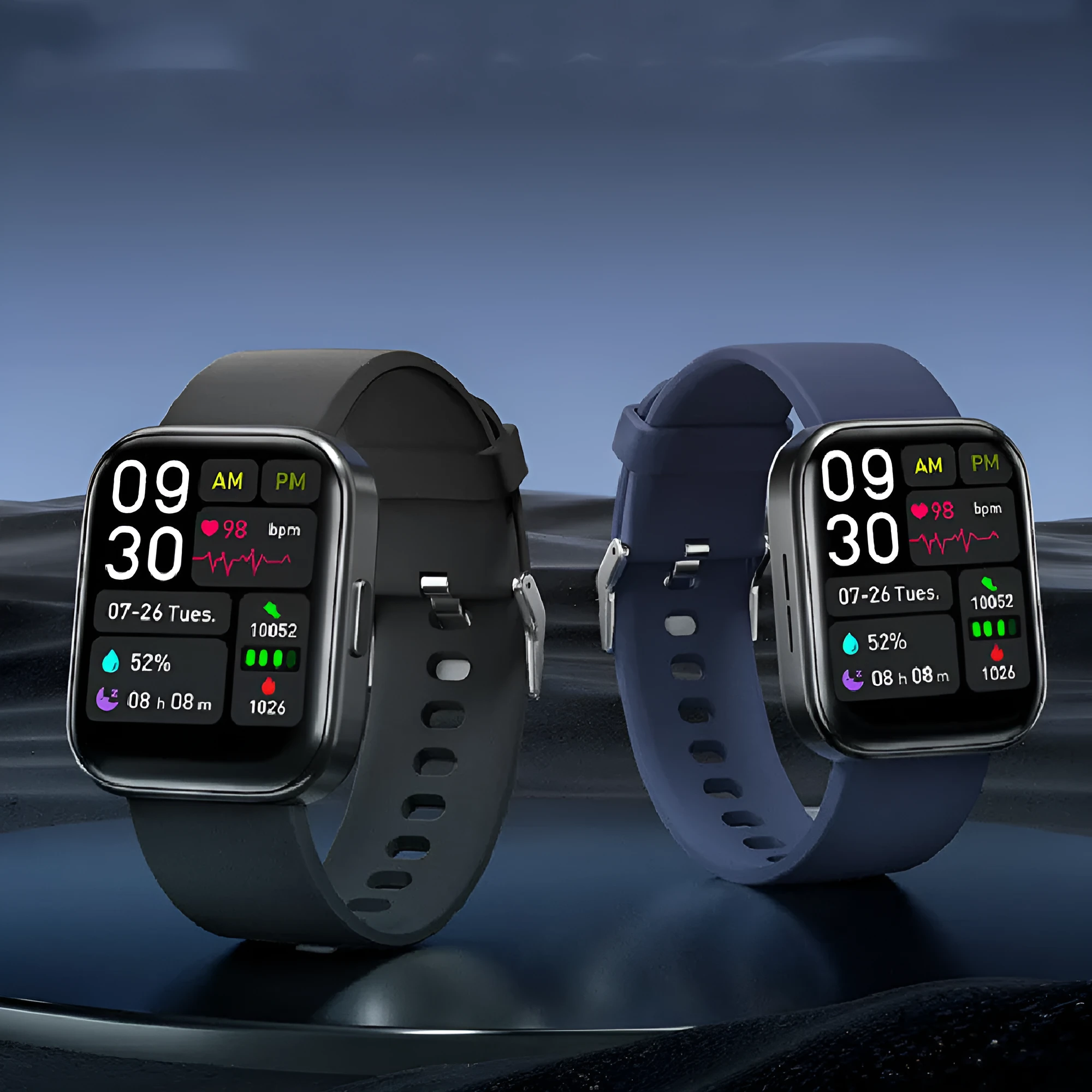 Smartwatch with 1.7-inch glass screen showing heart rate detection, available in Black, Blue, Light Grey, Pink