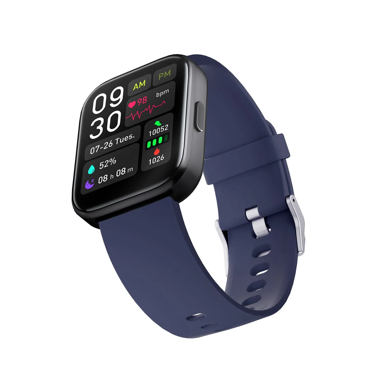 Smartwatch with 1.7-inch glass screen showing heart rate detection, available in Black, Blue, Light Grey, Pink
