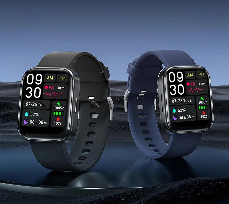 Smartwatch with 1.7-inch glass screen showing heart rate detection, available in Black, Blue, Light Grey, Pink