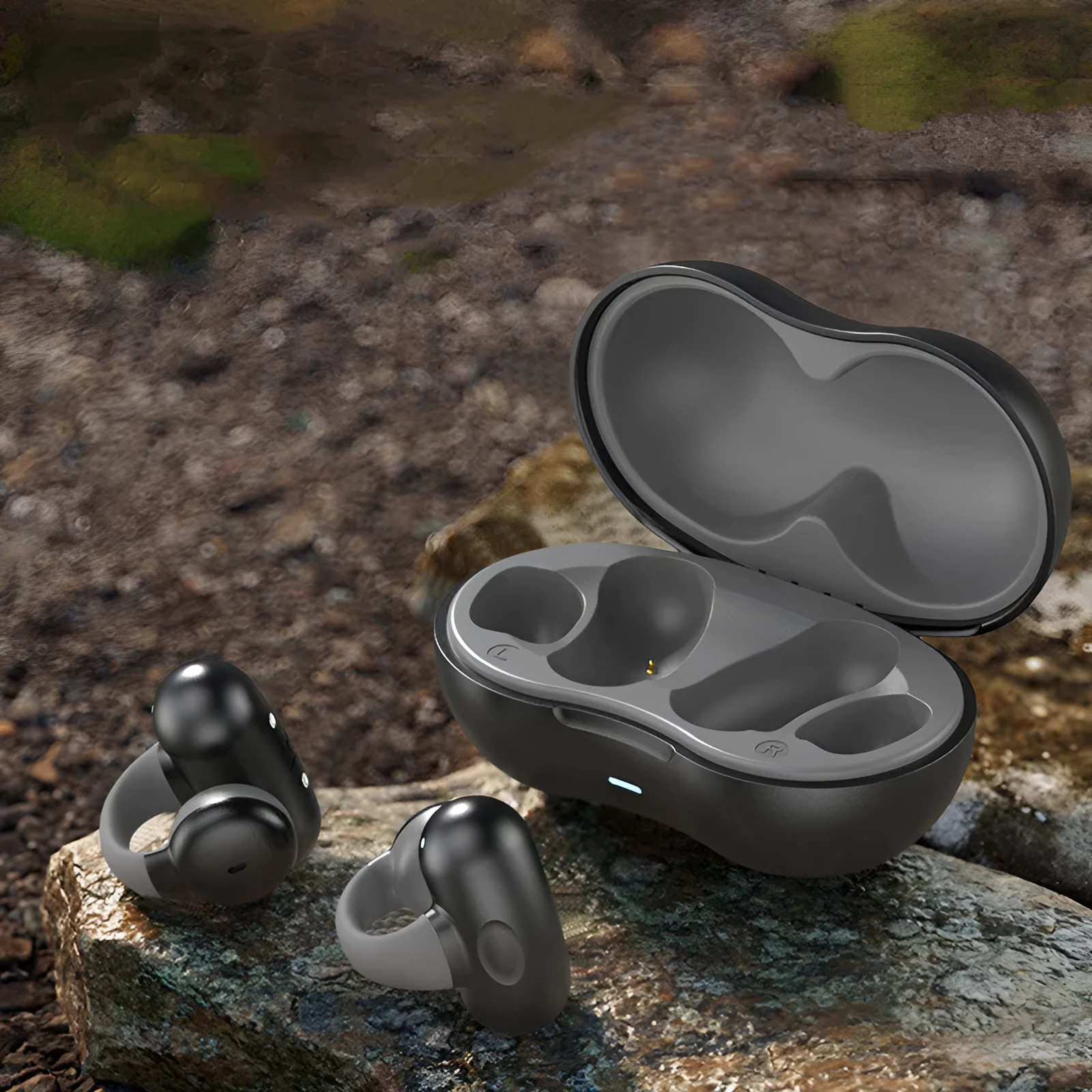 Wireless Bluetooth sports headset grey white ear clip design with compact charging cable
