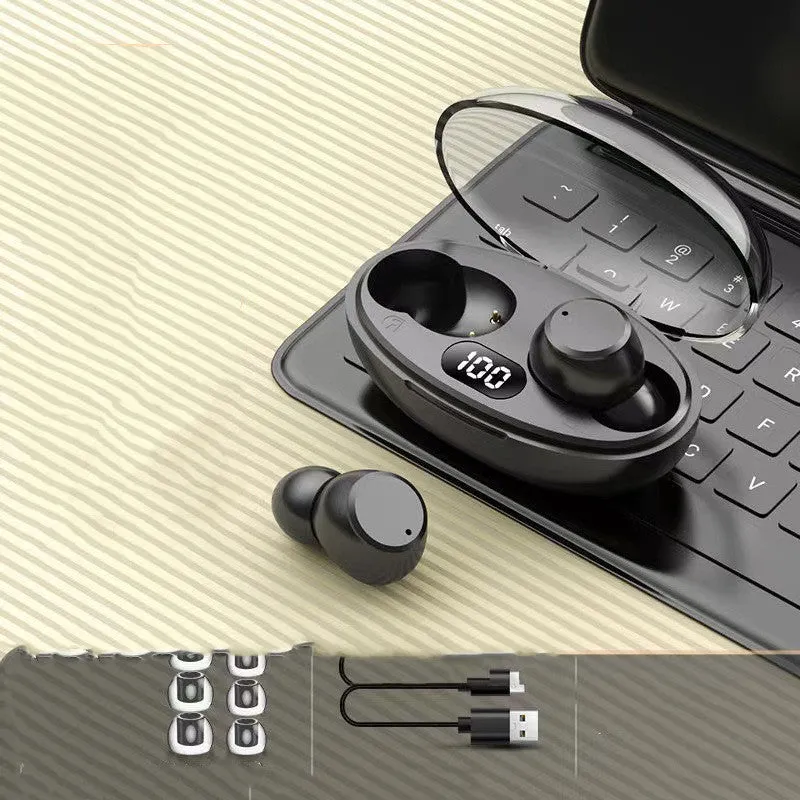 T62 wireless Bluetooth earbuds in black with digital display on charging case