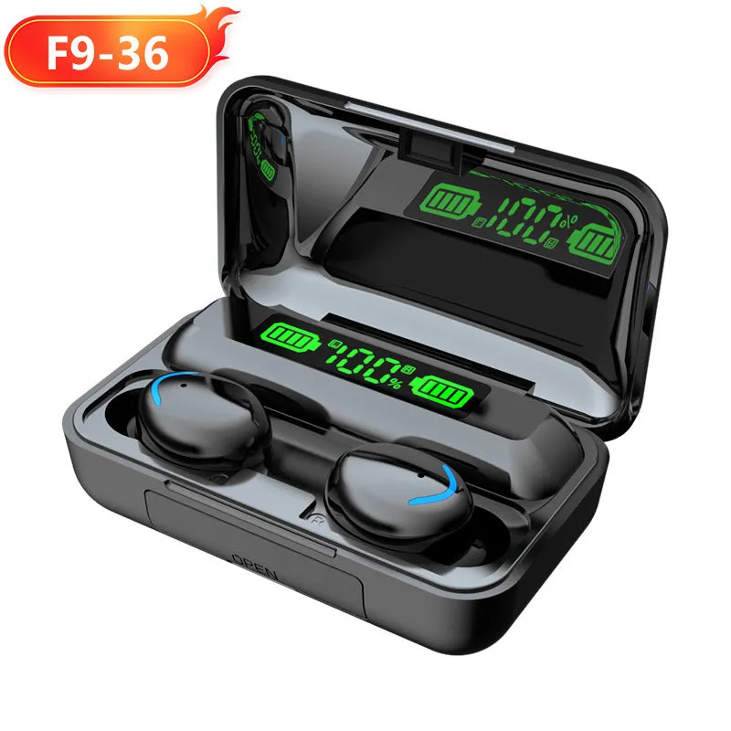 F9 Smile wireless Bluetooth earbuds in black with touch fingerprint design and power display