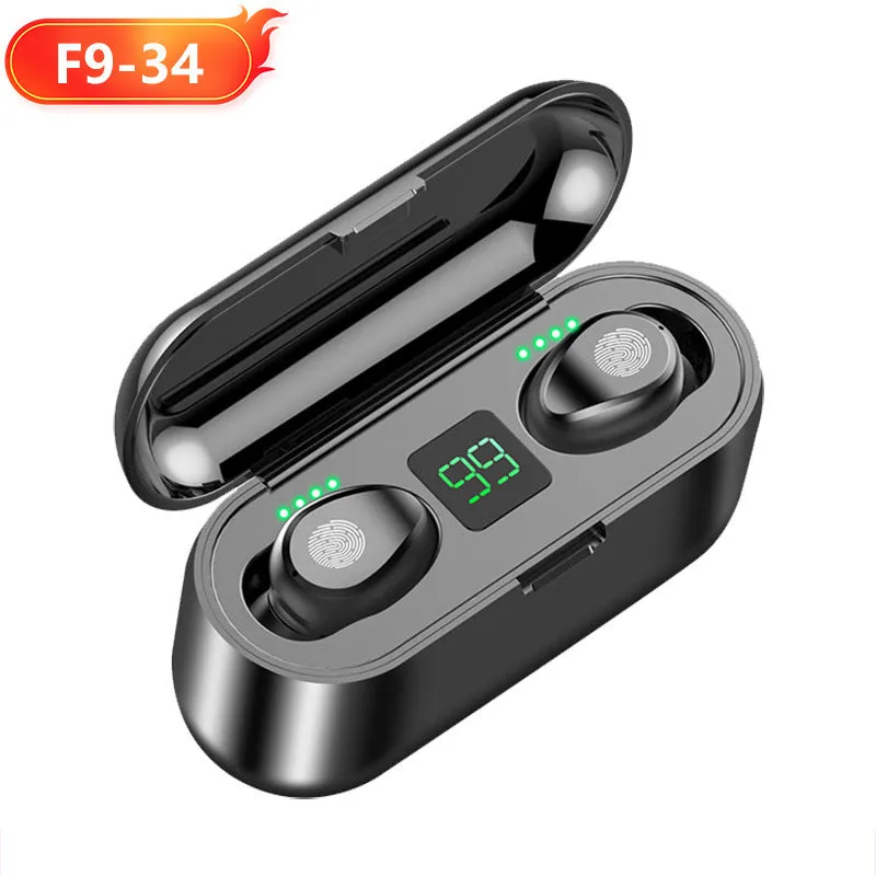F9 Smile wireless Bluetooth earbuds in black with touch fingerprint design and power display
