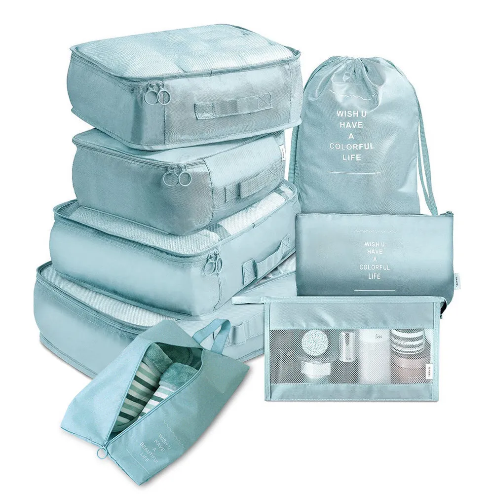 Eight-piece cube polyester storage bag set for travel with seal closure, available in multiple colours