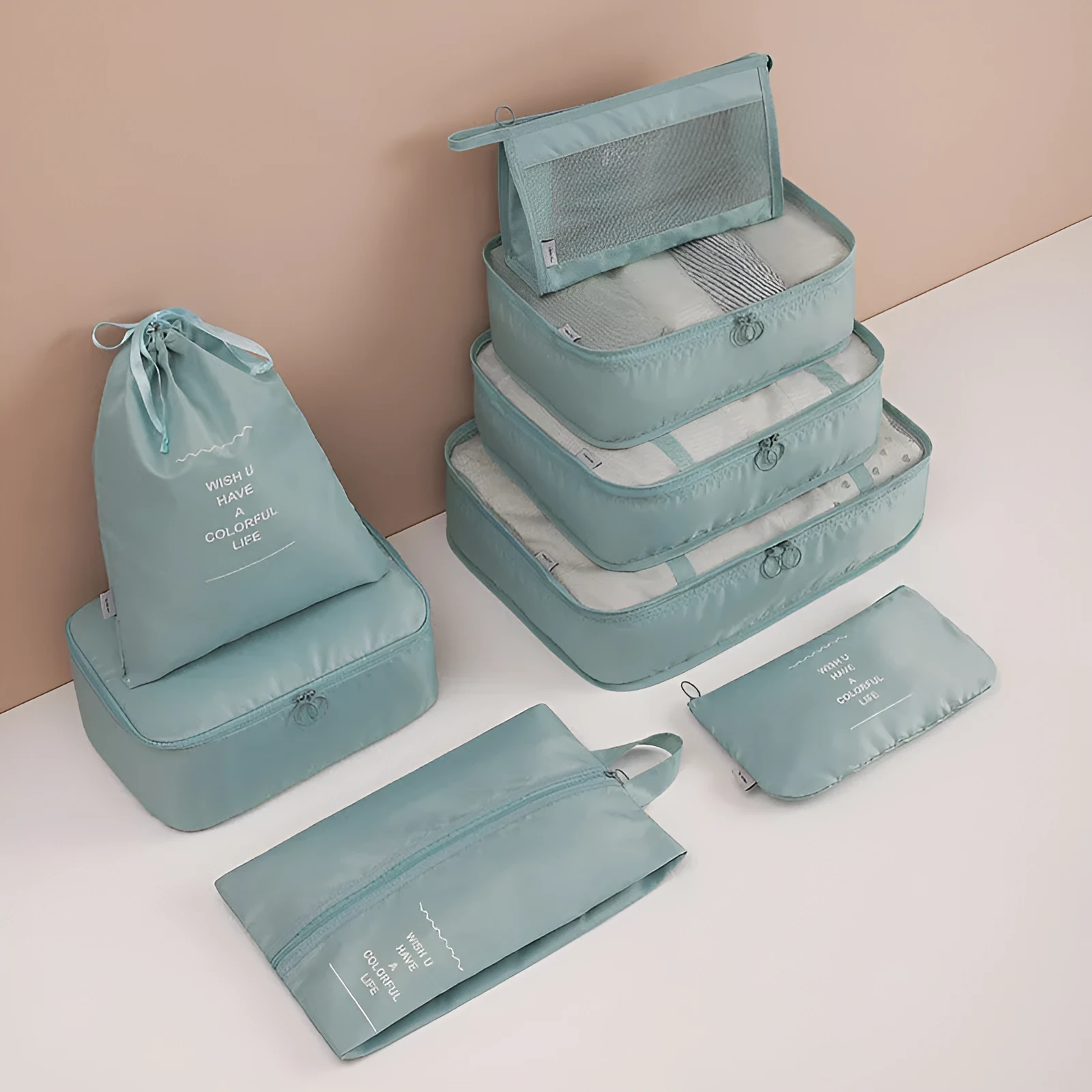 Eight-piece cube polyester storage bag set for travel with seal closure, available in multiple colours
