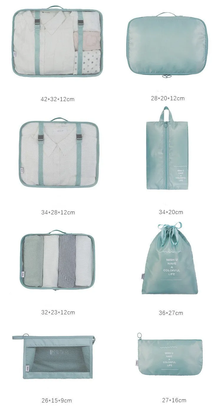 Eight-piece cube polyester storage bag set for travel with seal closure, available in multiple colours