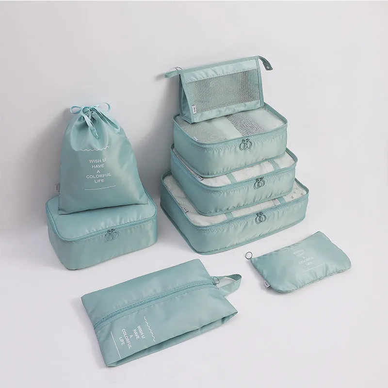 Eight-piece cube polyester storage bag set for travel with seal closure, available in multiple colours