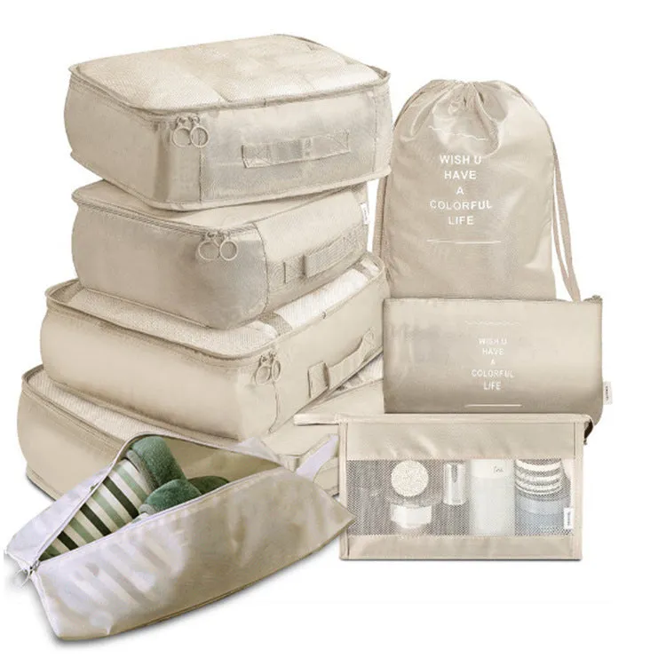 Eight-piece cube polyester storage bag set for travel with seal closure, available in multiple colours