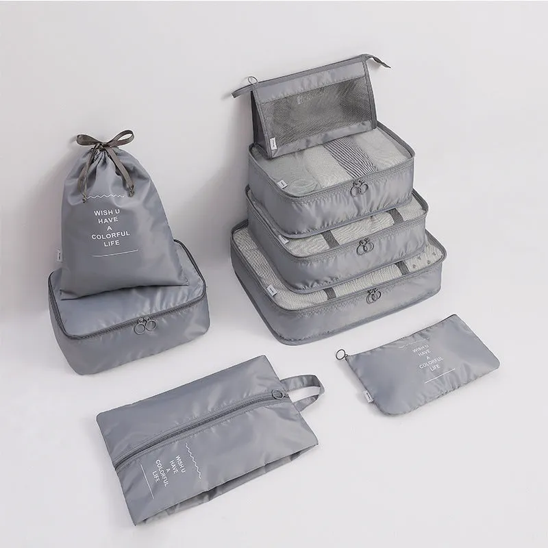 Eight-piece cube polyester storage bag set for travel with seal closure, available in multiple colours