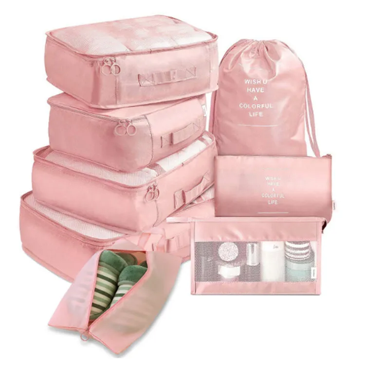 Eight-piece cube polyester storage bag set for travel with seal closure, available in multiple colours