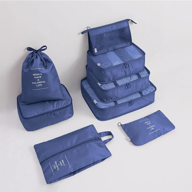 Eight-piece cube polyester storage bag set for travel with seal closure, available in multiple colours