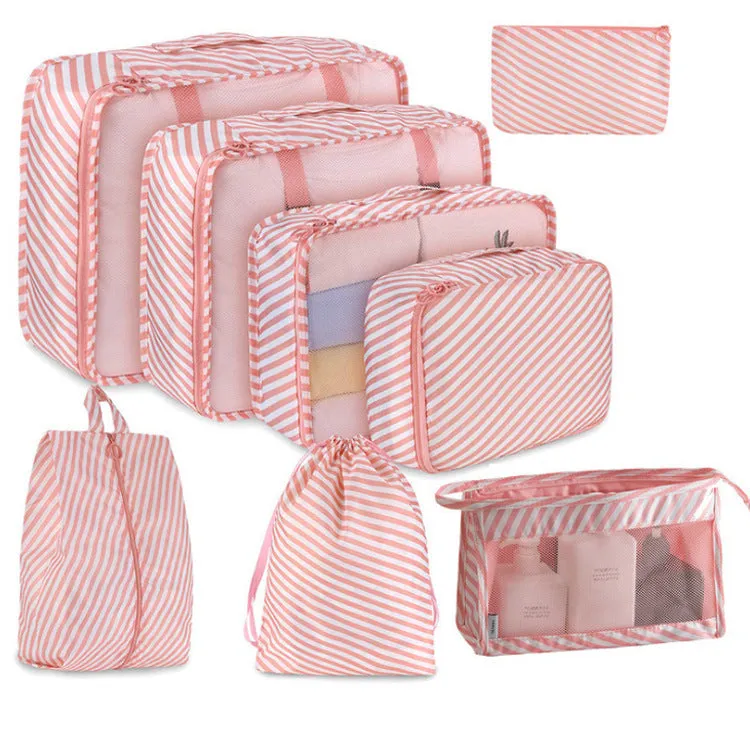 Eight-piece cube polyester storage bag set for travel with seal closure, available in multiple colours