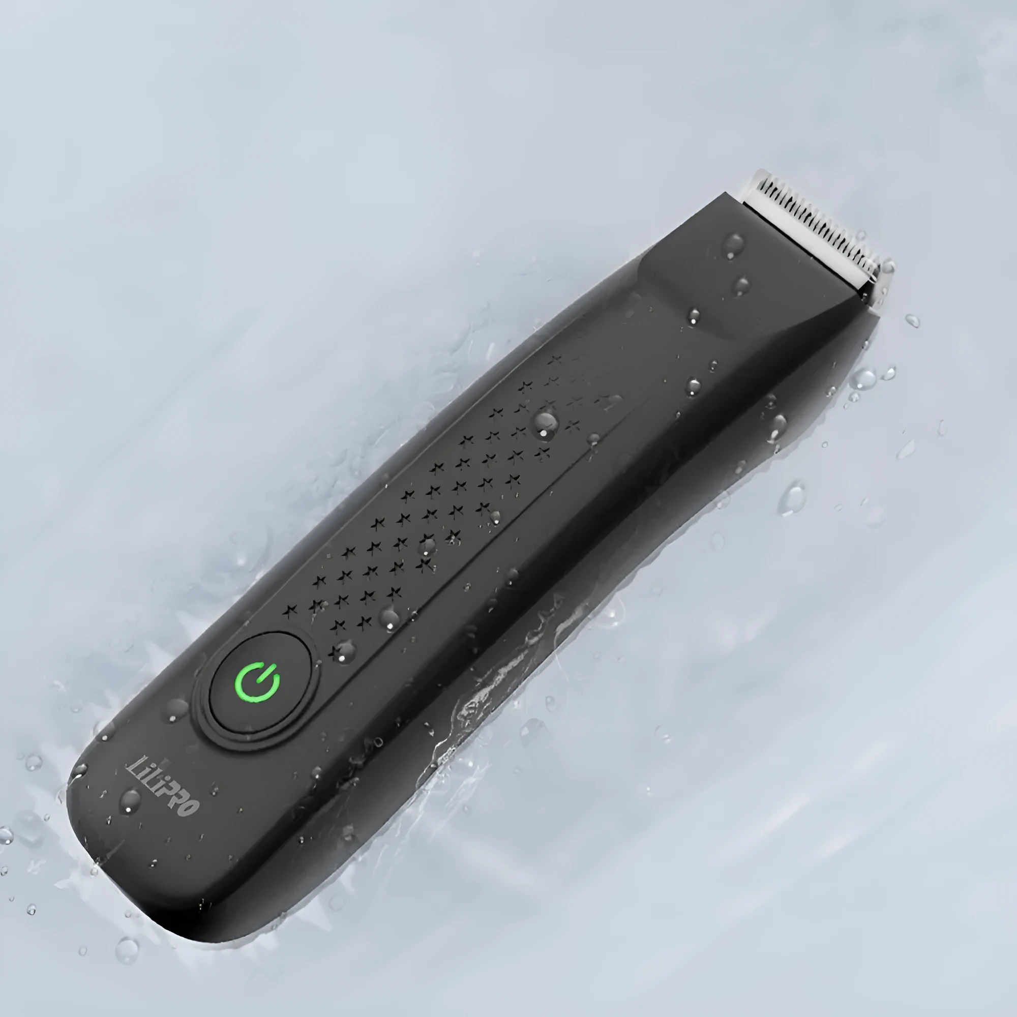 Black men's body hair shaver with ceramic blade and two-way limit comb on a white background