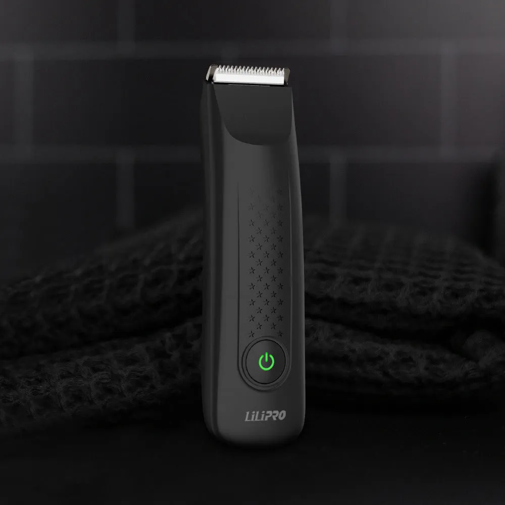 Black men's body hair shaver with ceramic blade and two-way limit comb on a white background