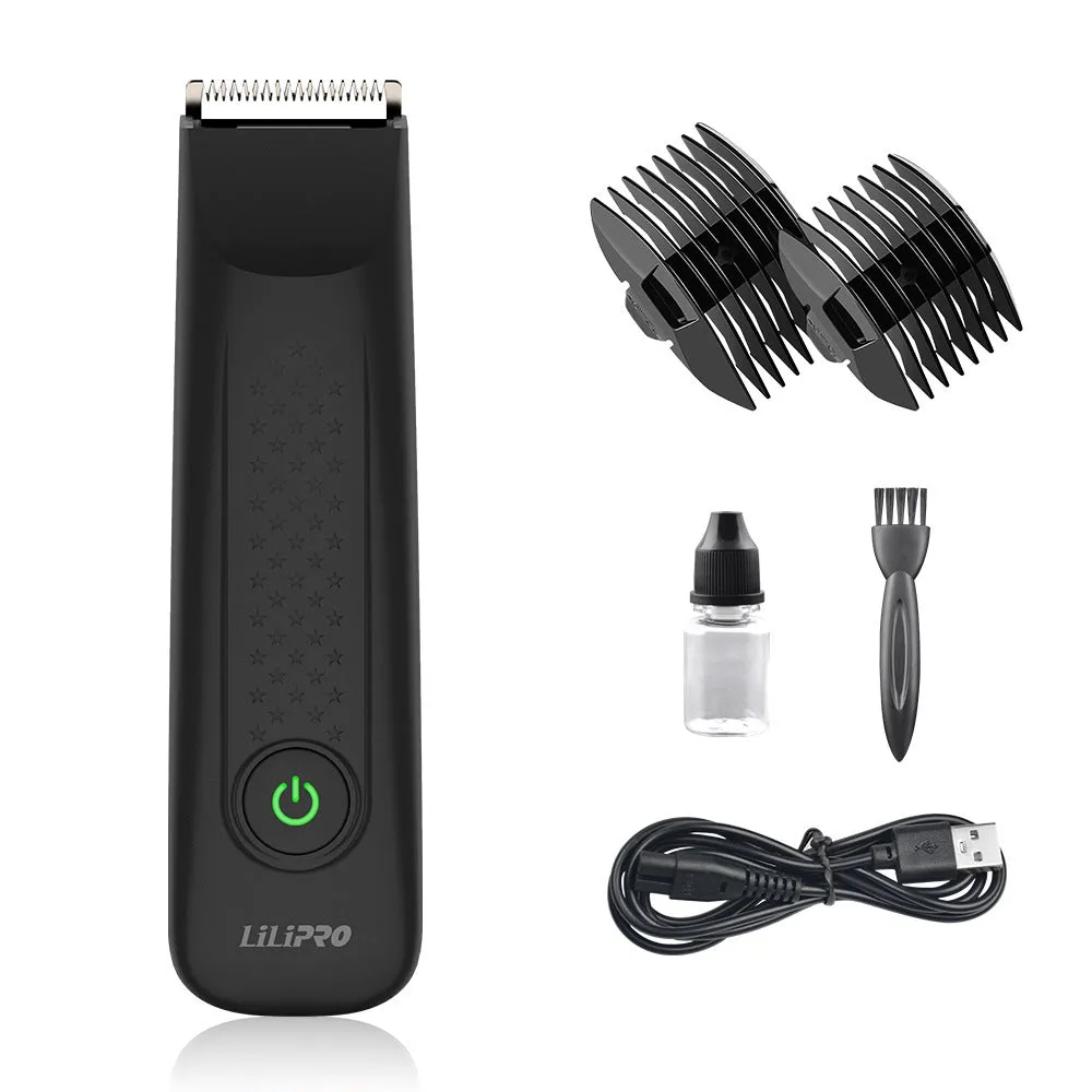Black men's body hair shaver with ceramic blade and two-way limit comb on a white background