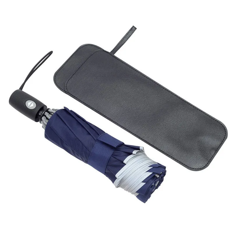 Black automatic reverse folding umbrella with plastic handle, shown closed and demonstrating the reverse mechanism.