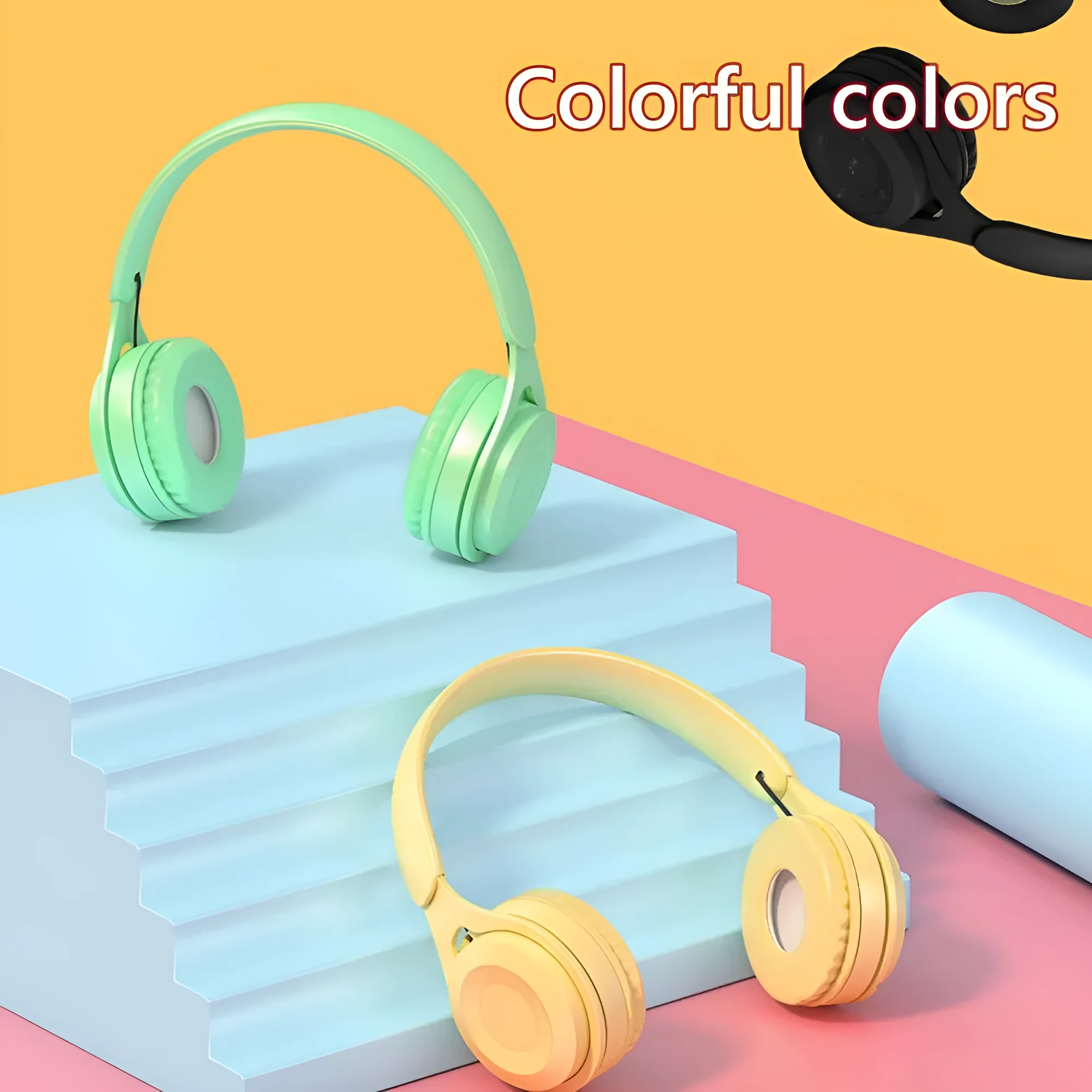Folding Bluetooth headphone in black with adjustable headband and wire design showing compact folded size