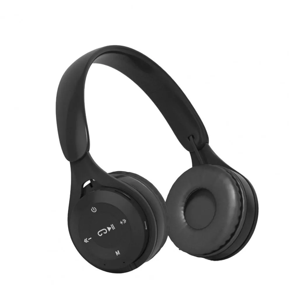 Folding Bluetooth headphone in black with adjustable headband and wire design showing compact folded size