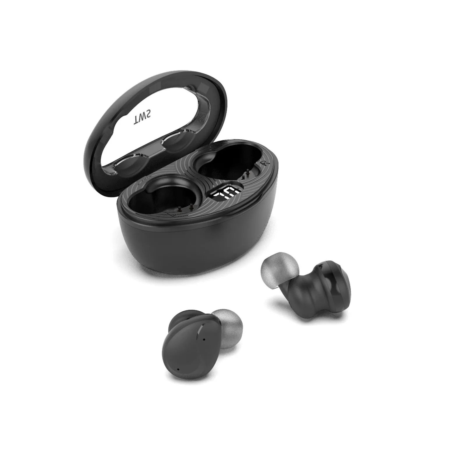 Active noise reduction wireless Bluetooth headset in black, with in-ear design and USB charging cable