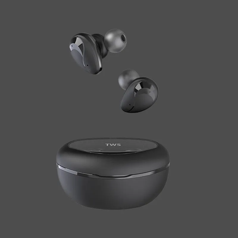 Active noise reduction wireless Bluetooth headset in black, with in-ear design and USB charging cable