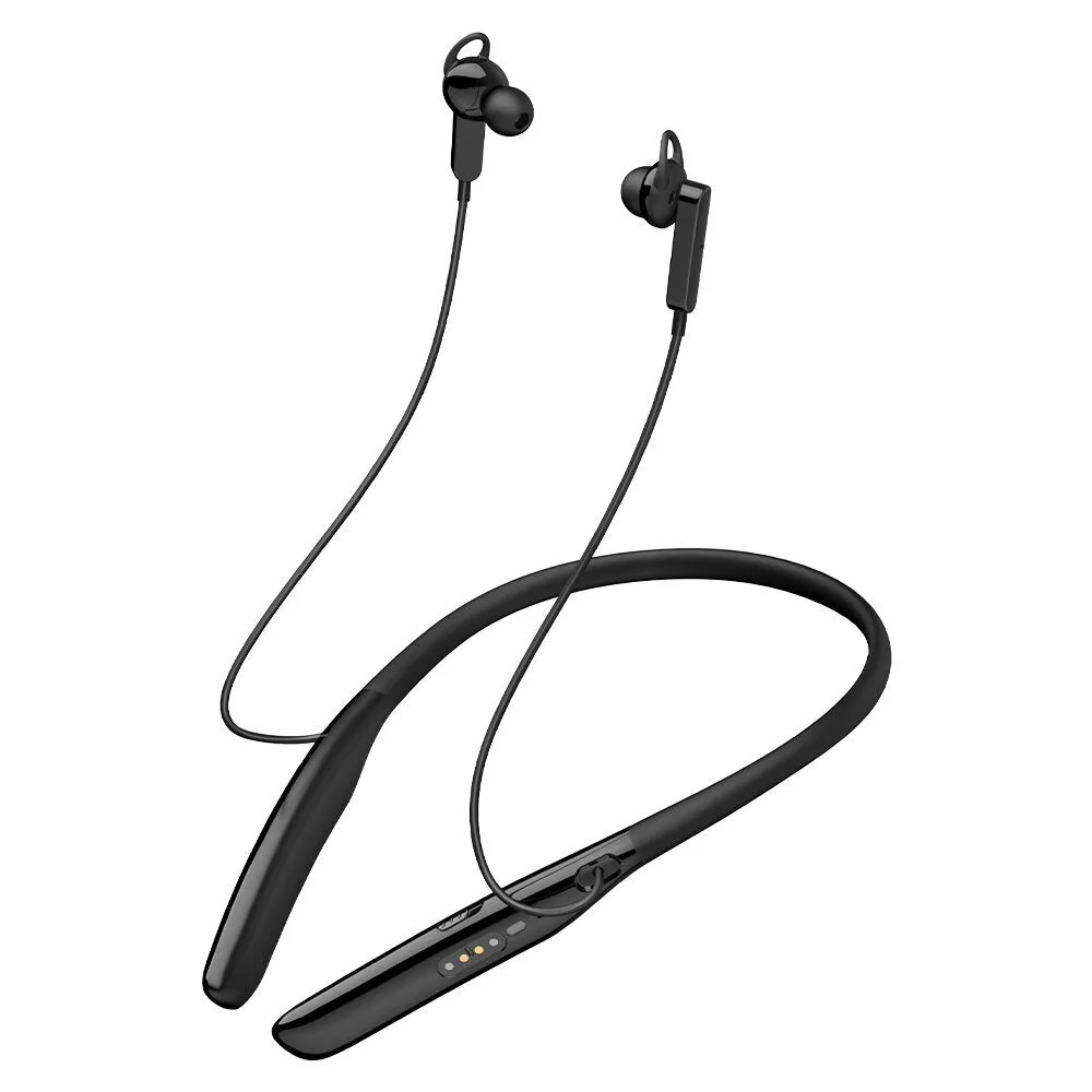 Black Bluetooth digital hearing aid with neck strap, USB port, and ABS plastic body on a white background