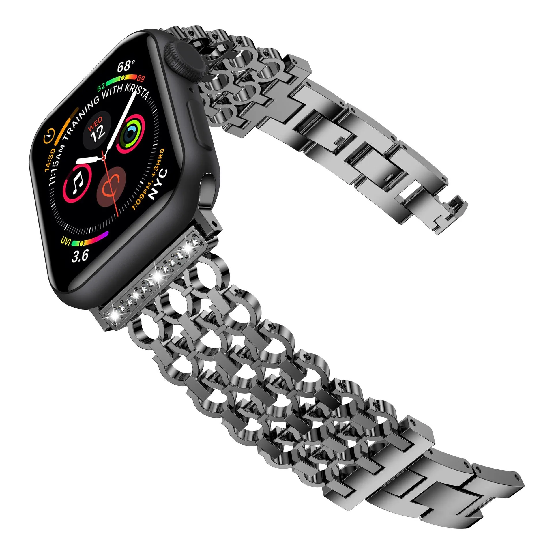 Stainless steel mesh detachable metal watch strap for iWatch in black finish with metal clasp