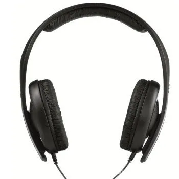 Black wired over-ear headphones with microphone and 3.5mm plug on a 2.5m cable.