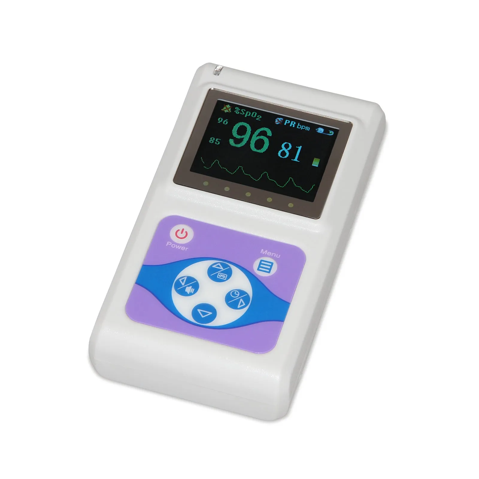 CMS60D pulse oximeter with colour OLED display, three external probes (adult, paediatric, neonatal), and PC data cable