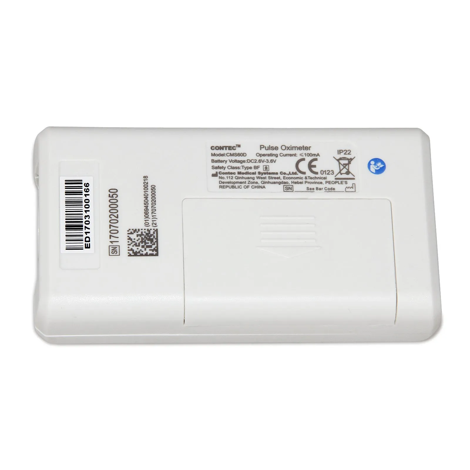 CMS60D pulse oximeter with colour OLED display, three external probes (adult, paediatric, neonatal), and PC data cable