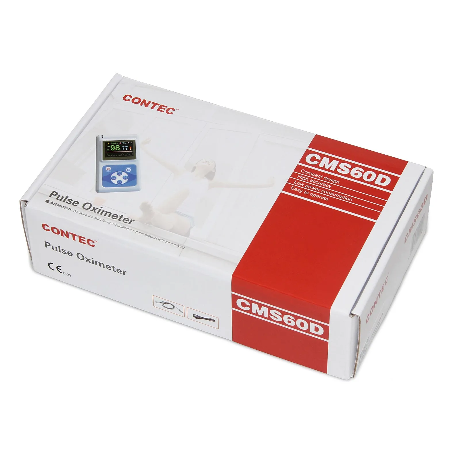 CMS60D pulse oximeter with colour OLED display, three external probes (adult, paediatric, neonatal), and PC data cable