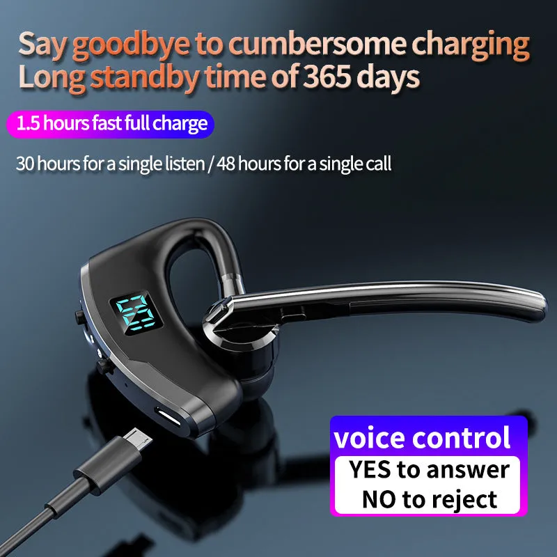 V8S Black single-ear wireless Bluetooth headset with digital power display and voice control for driving