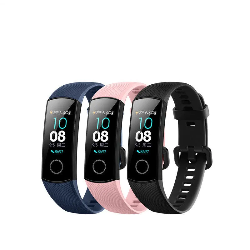 Silicone waterproof swimming heart rate sleep bracelet in black, blue, and pink with USB charger