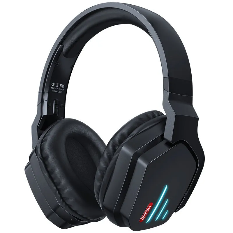 Luminous black wireless head-mounted headphones with over-ear design on a stand.