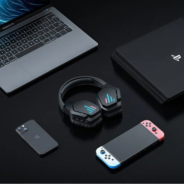 Luminous black wireless head-mounted headphones with over-ear design on a stand.