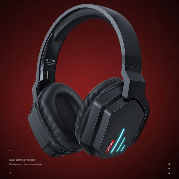 Luminous black wireless head-mounted headphones with over-ear design on a stand.