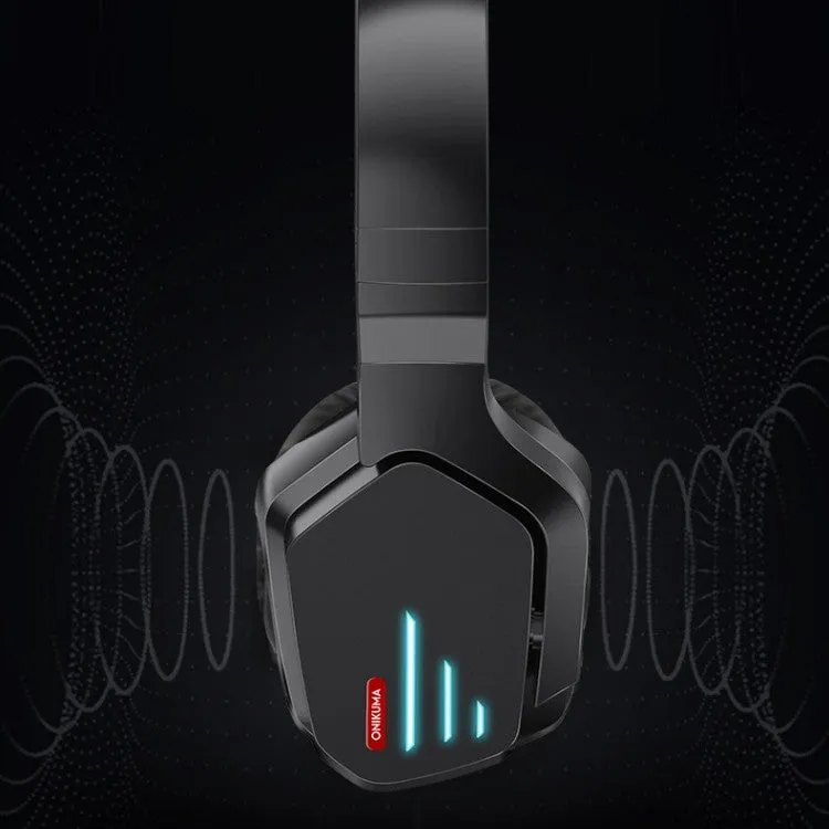 Luminous black wireless head-mounted headphones with over-ear design on a stand.