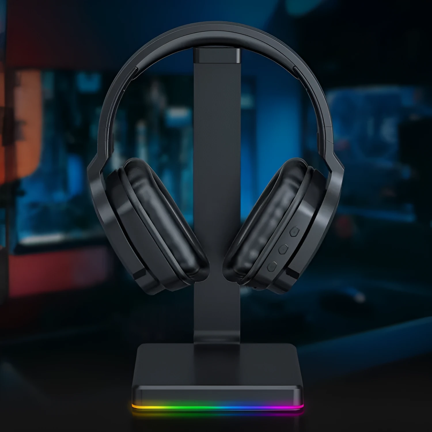 Luminous black wireless head-mounted headphones with over-ear design on a stand.