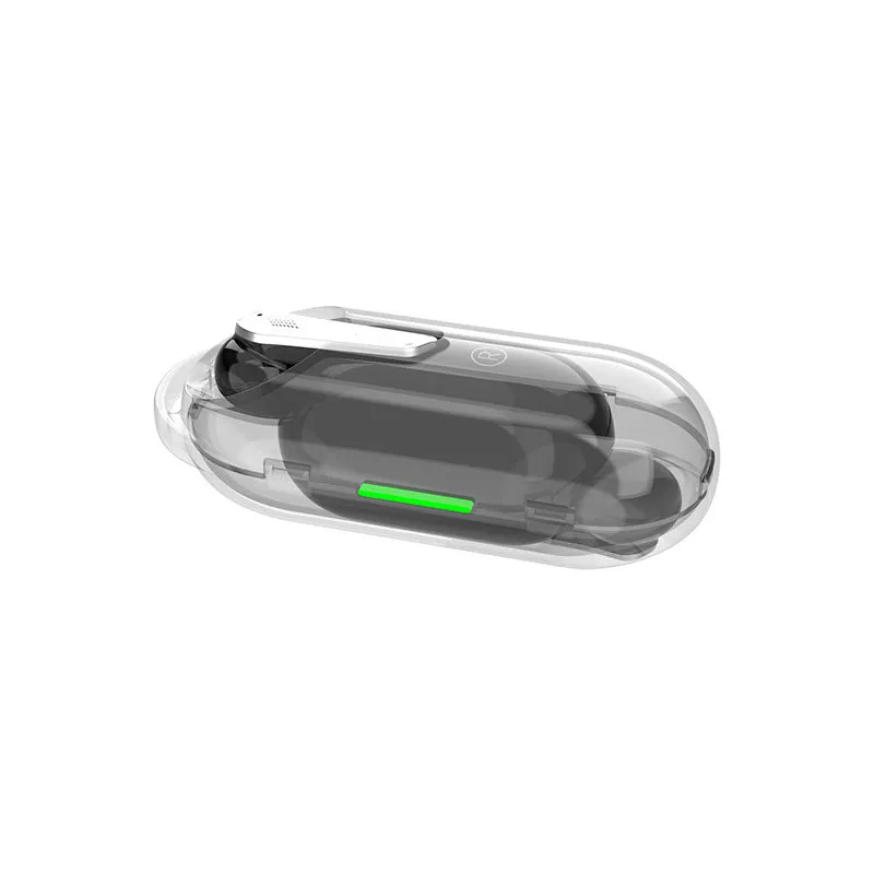 Wireless Bluetooth hanging ear headset in black with charging case and USB cable