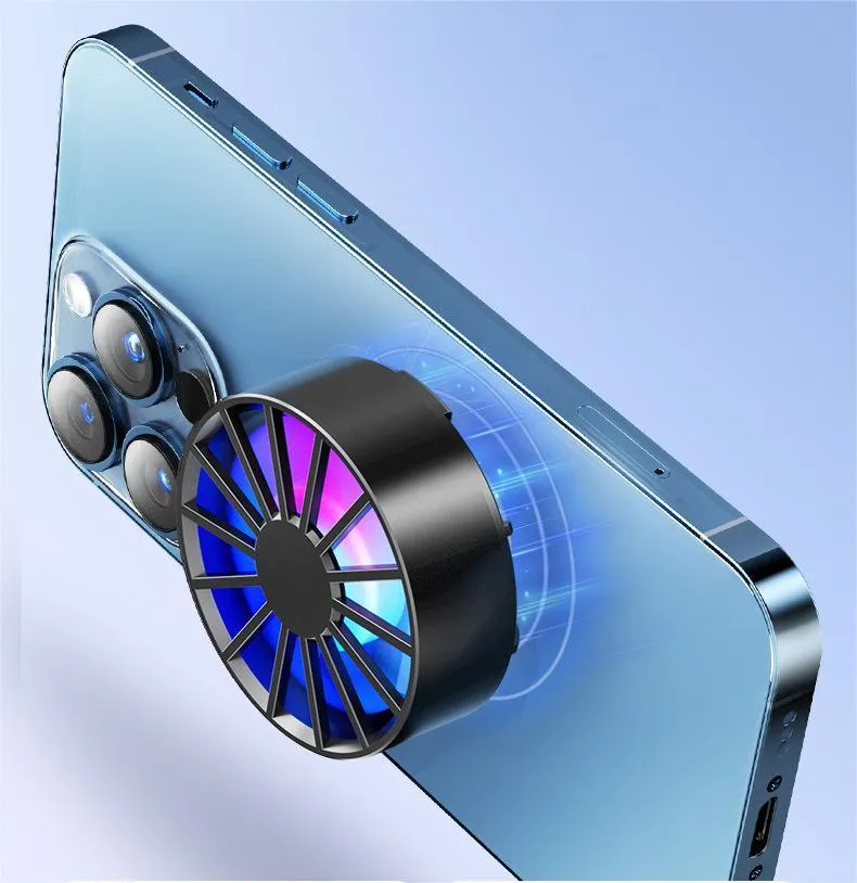 Magnetic suction wind quick cooling phone cooler with compact black body and aluminium alloy fan area
