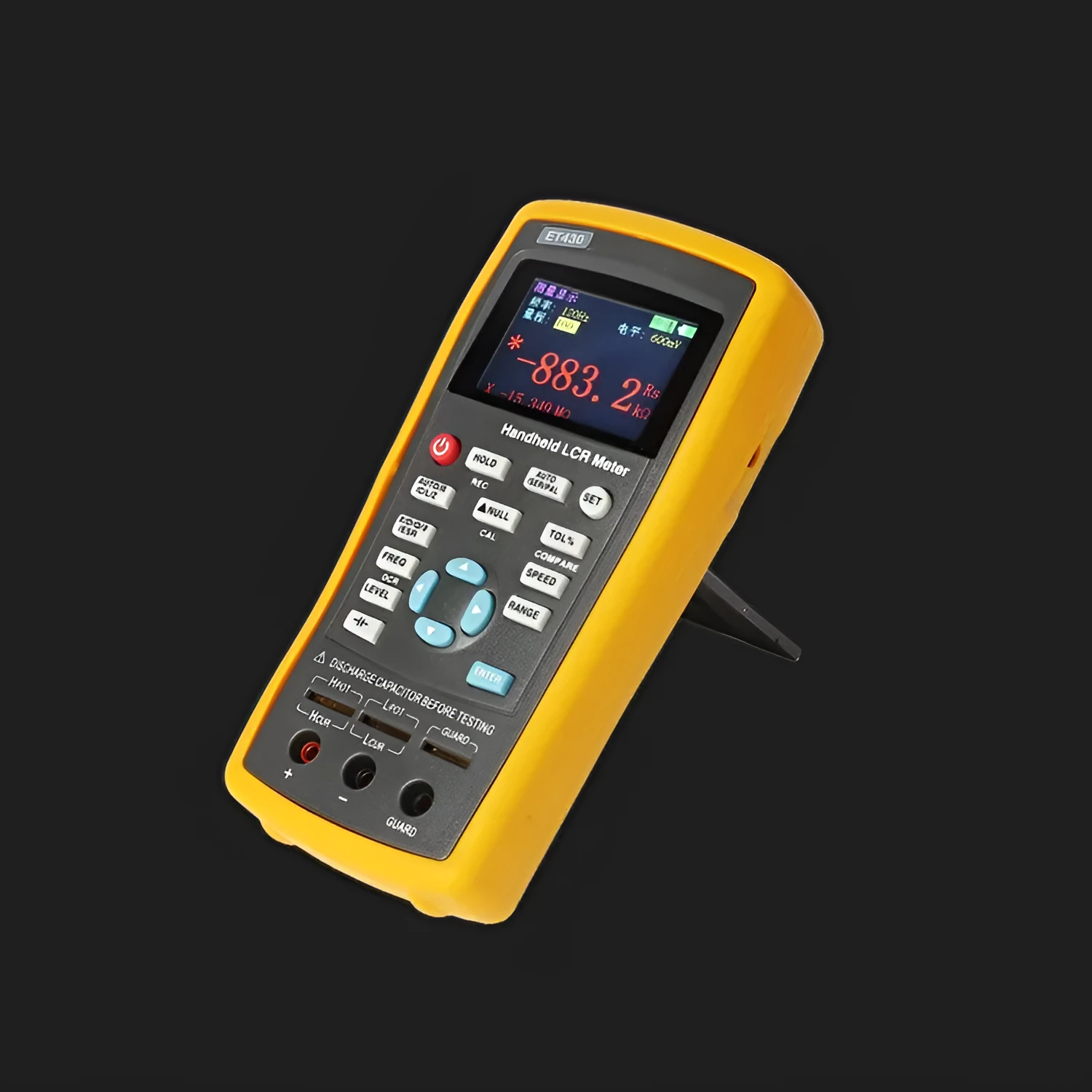 ET432 handheld LCR digital bridge with 2.8 inch TFT LCD screen and Kelvin test clamp on bench