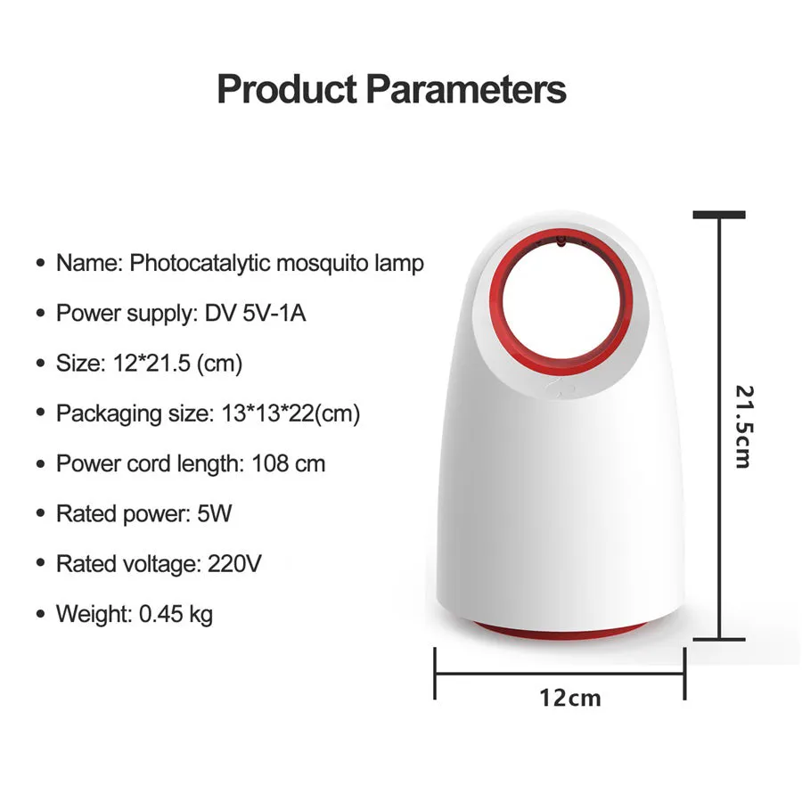 Black or white ABS mosquito killer measuring 12x12x21.5cm with UV LED light and USB cable
