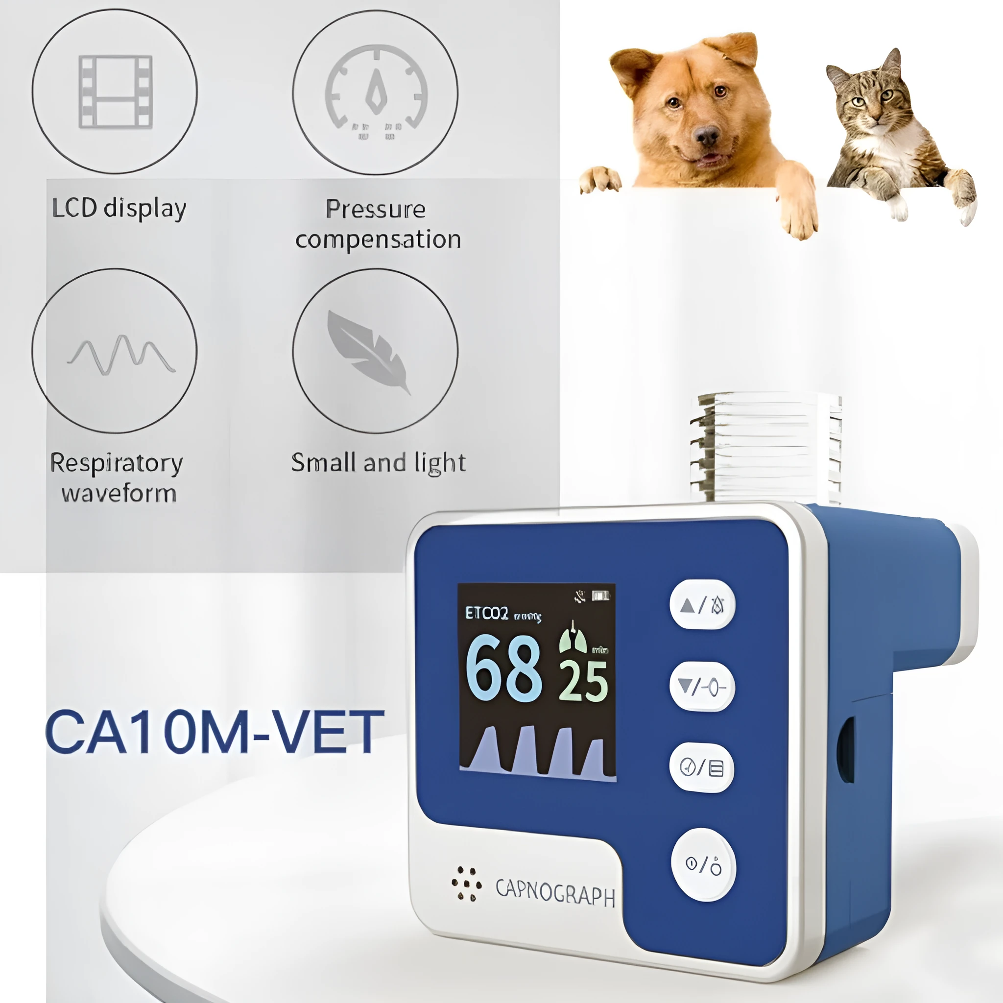 Veterinary mainstream CO2 capnograph CA10M monitor with ETCO2 and respiration rate display, alarm indicator, and battery power