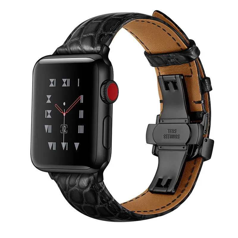 Genuine crocodile skin leather watch strap for 38-40mm watch cases in black with rose gold hardware