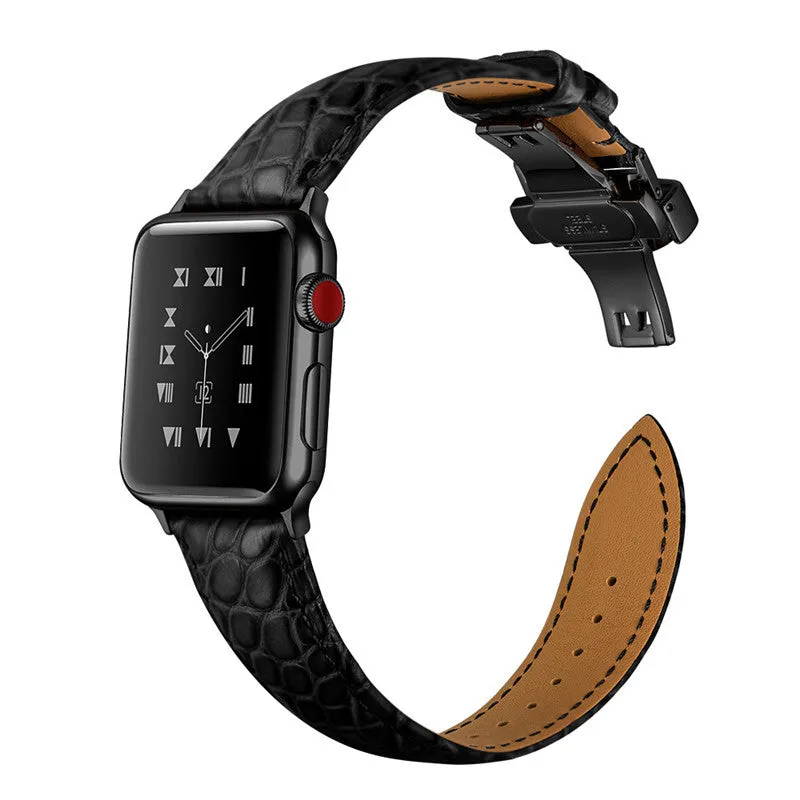 Genuine crocodile skin leather watch strap for 38-40mm watch cases in black with rose gold hardware